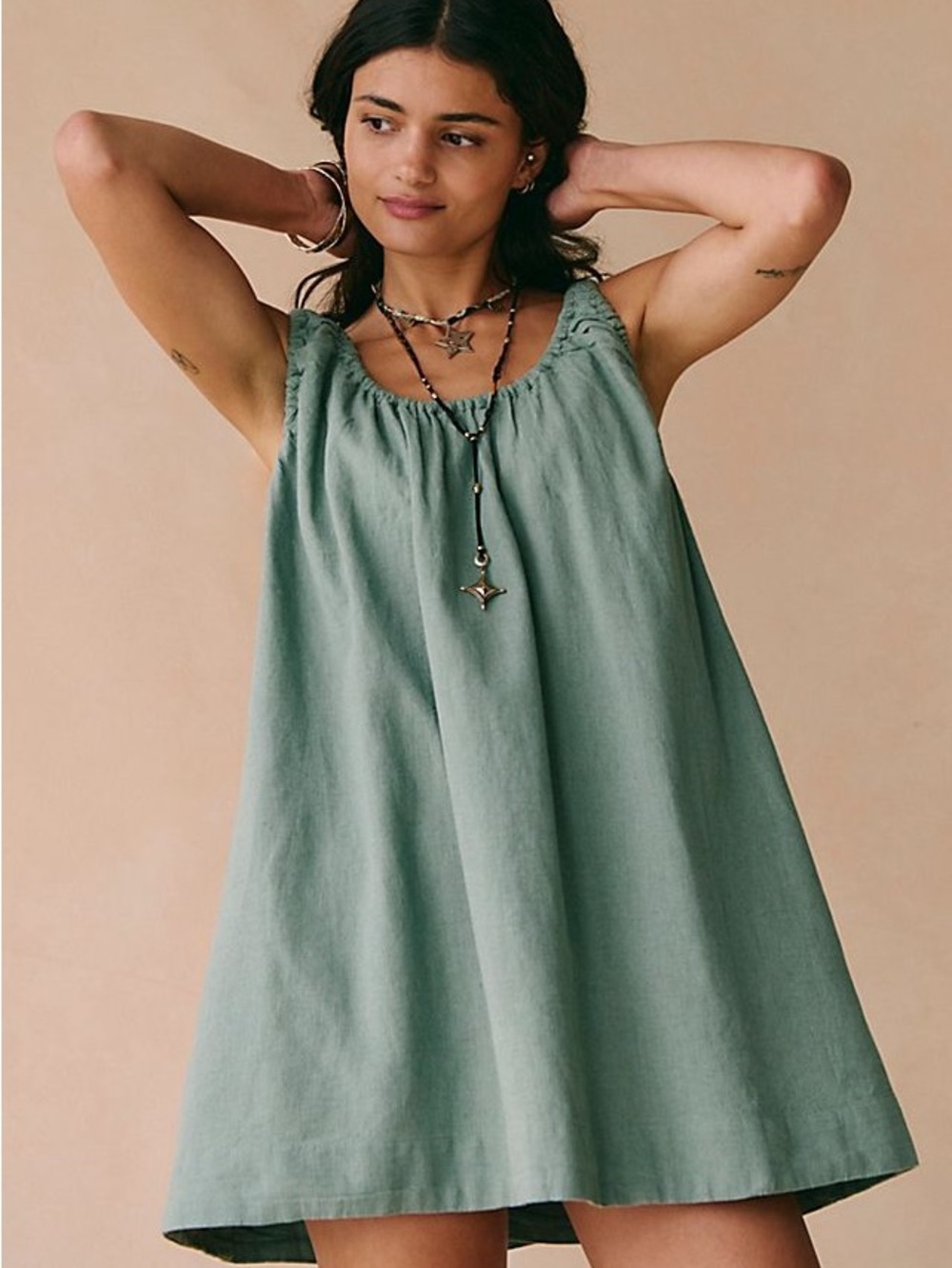 Free People Mini Dress Green Amanda Cotton-Linen Free-est Sleeveless Swing sz M